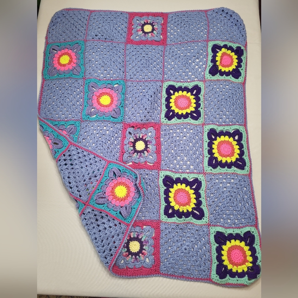 Handmade Colorful Block Crochet Rectangular 45"x36" Afghan Lap Throw Blanket
